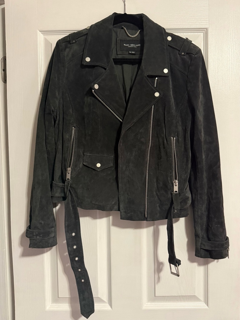 Marc New York Grey Suede Moto Jacket with Belted Waist